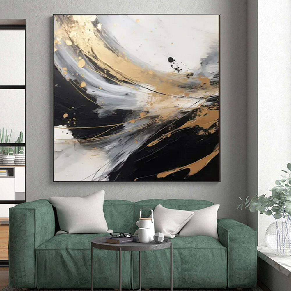 Cool Abstract Paintings - Black, White, Gray & Gold Dynamic Abstract Art with Flowing Lines PT594