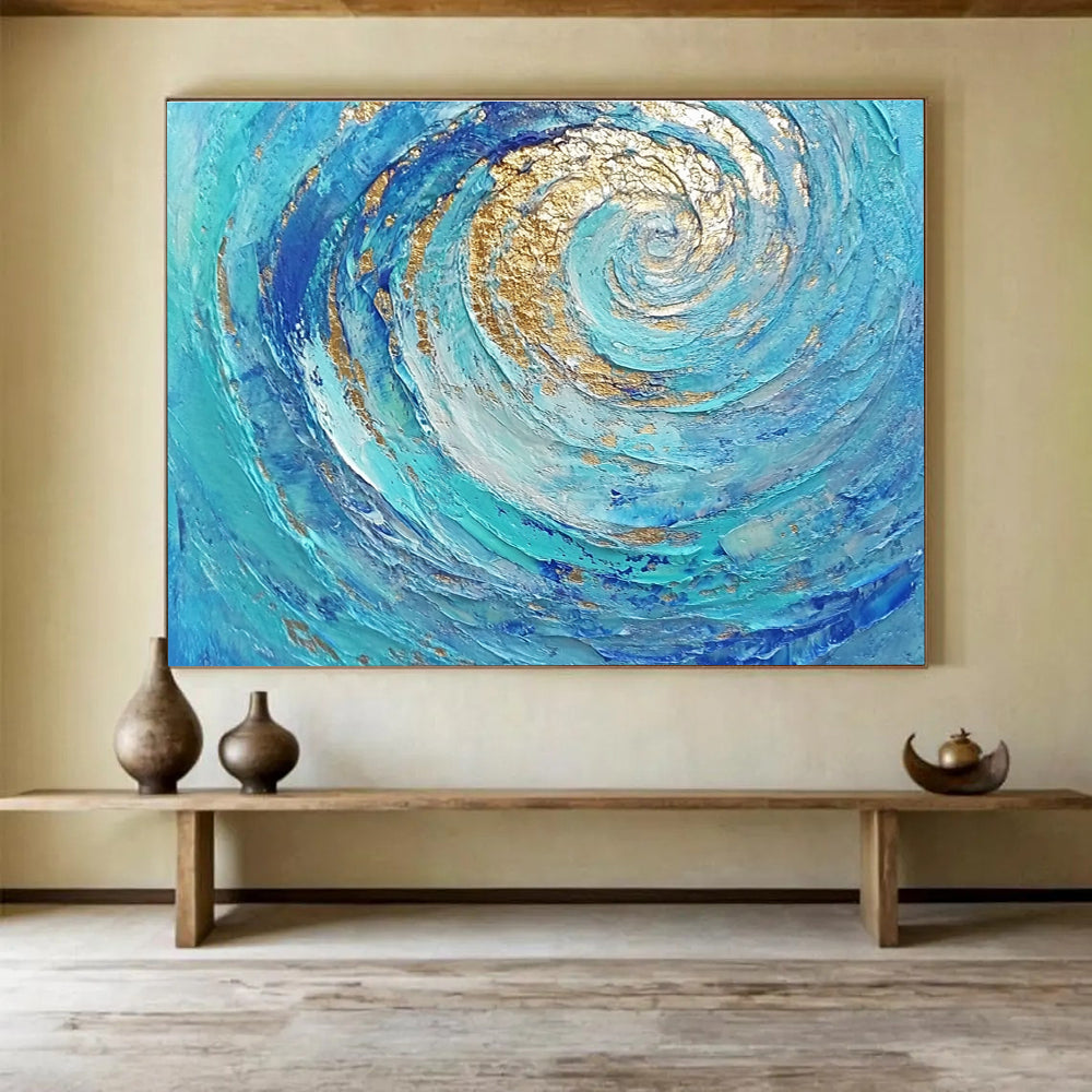 Hand Painted Art Turquoise, Blue & Gold Textured Spiral Abstract Painting HPS257