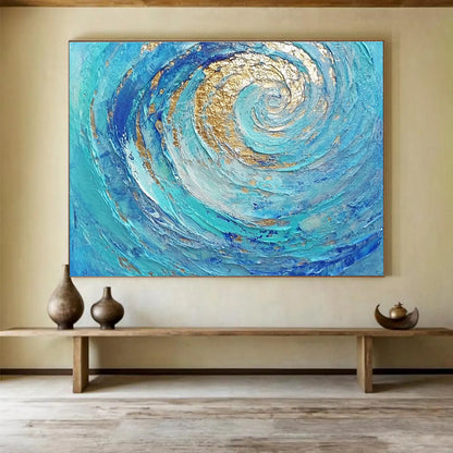 Hand Painted Art Turquoise, Blue & Gold Textured Spiral Abstract Painting HPS257