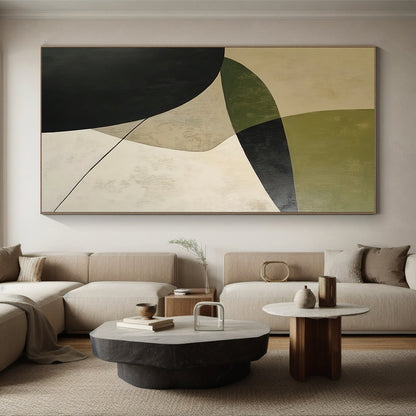Affordable Large Abstract Wall Art With Green, Black, Beige Geometric Forms On Canvas PT188
