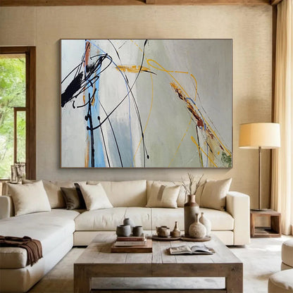 Modern Art Acrylic with Black, Yellow, Blue, and Gray Dynamic Lines, Large Contemporary Wall Art PT210
