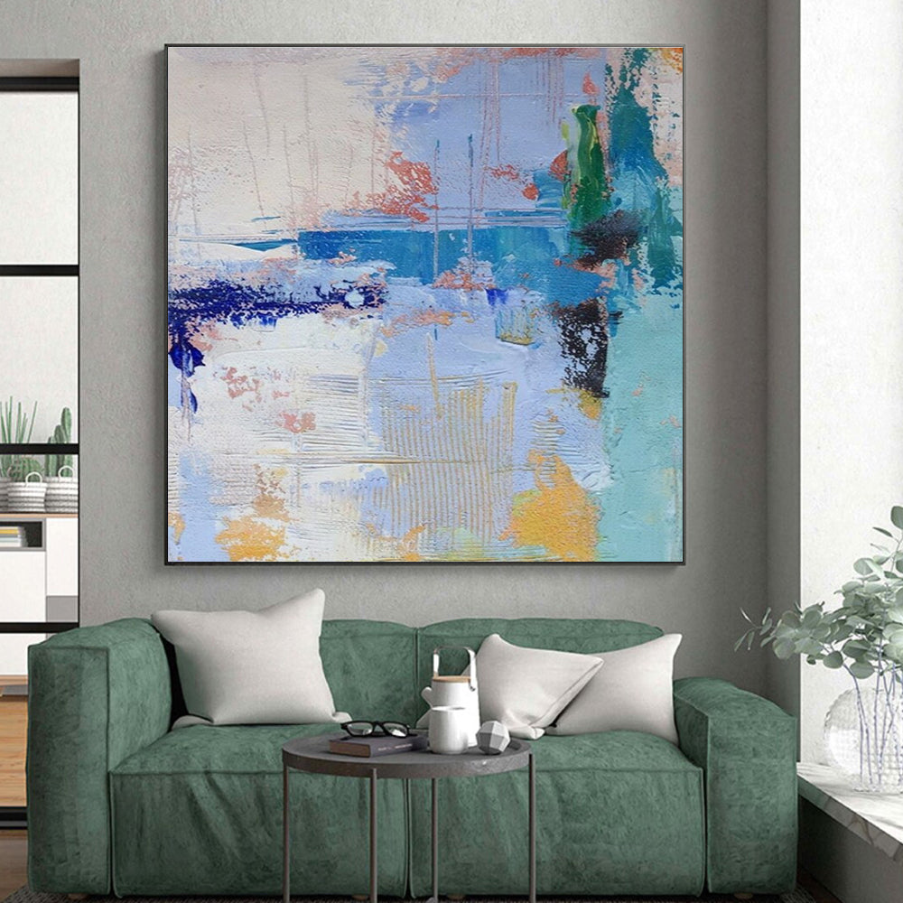 Oversized Abstract Wall Art Blue, Green, and Yellow Textured Abstract Art PT767