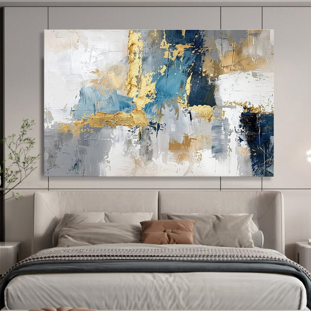 Hand-Painted Blue, Gray, and Gold Textured Abstract Art HPS371