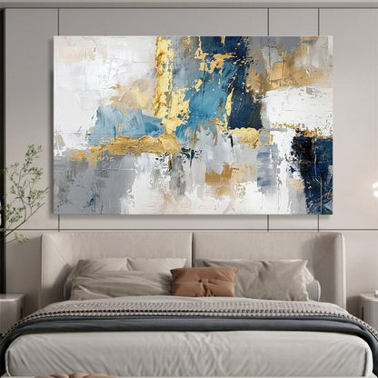 Hand-Painted Blue, Gray, and Gold Textured Abstract Art HPS371
