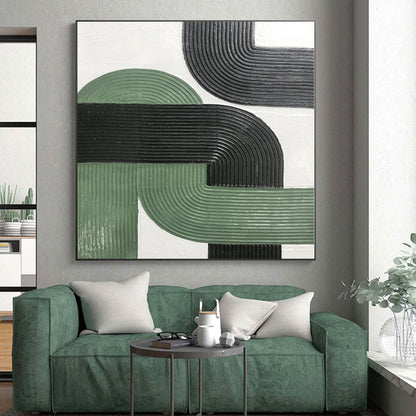 Hand Painted Art Green & Black Textured Geometric Abstract Painting On Canvas PT033