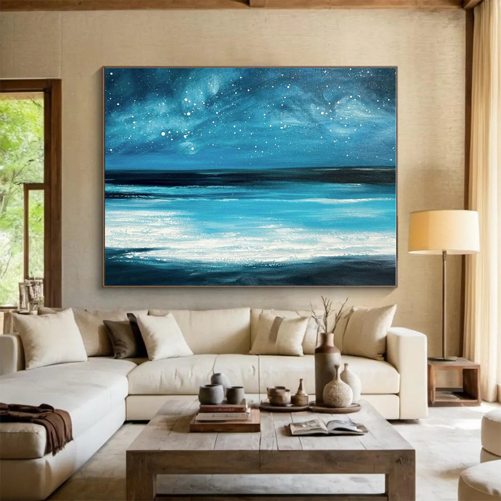 Hand Painted Art Vibrant Blue Starry Sea Abstract On Canvas HPS036