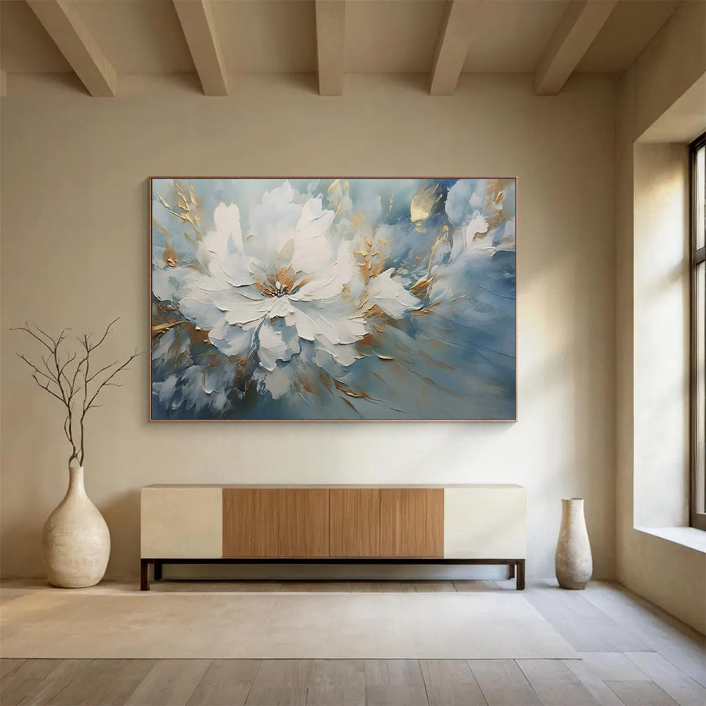 Oversized Abstract Wall Art Blue, White, and Gold Textured Abstract Floral Art HPS407