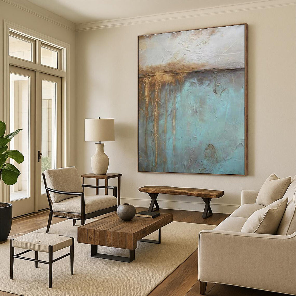 Big Painting Teal and Brown Textured Abstract Work, Large Contemporary Wall Art PT530