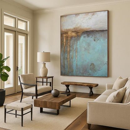 Big Painting Teal and Brown Textured Abstract Work, Large Contemporary Wall Art PT530