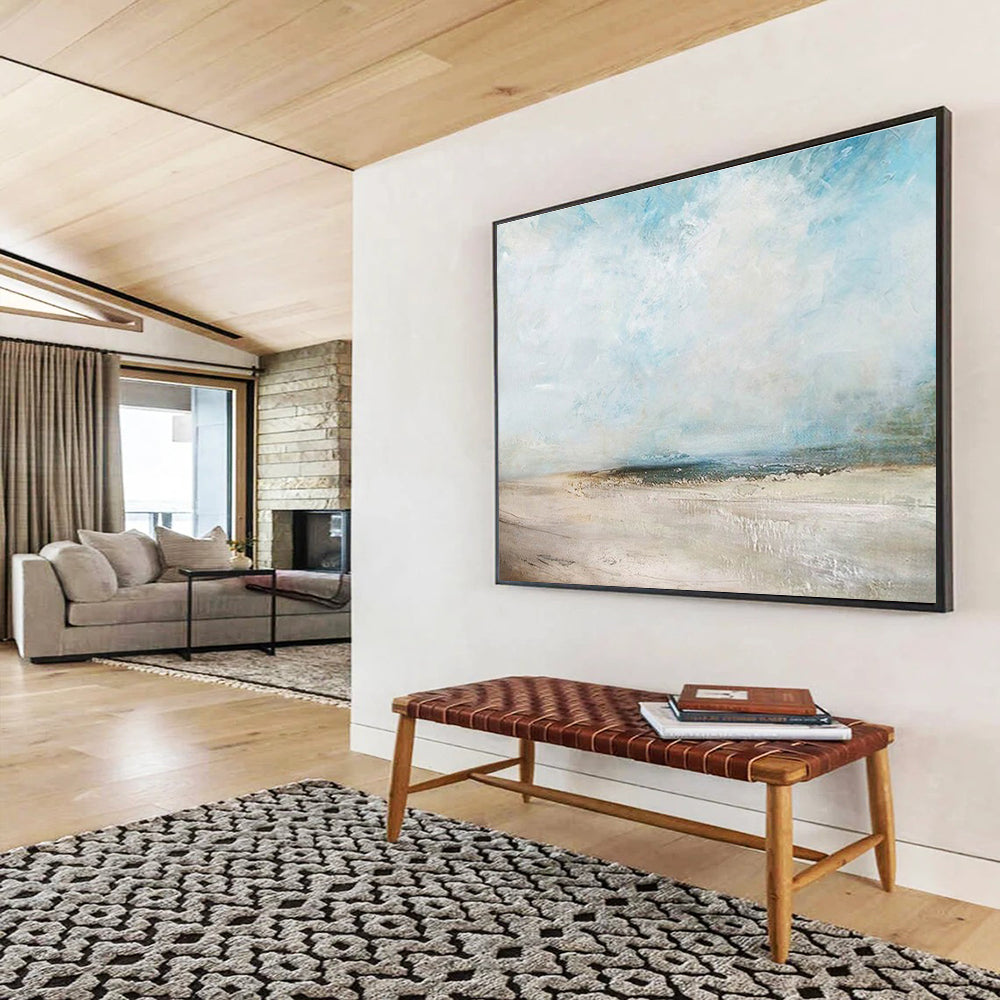 Oversized Abstract Wall Art Blue, Beige, and White Textured Abstract Seaside Art HPS387