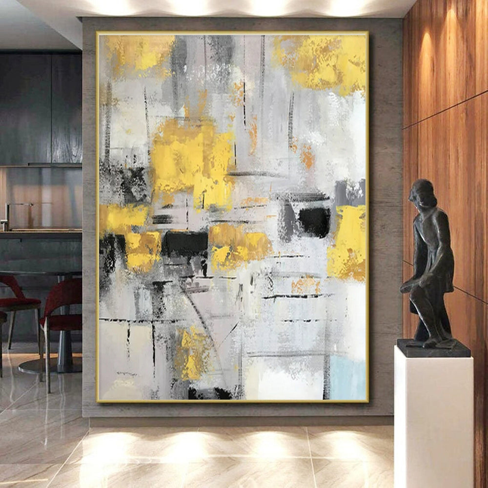 Large Size Yellow, Gray, and Black Textured Abstract Art PT749