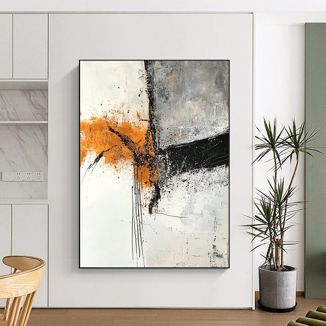 Hand-Painted Orange, Black & Gray Textured Abstract Painting On Canvas PT111