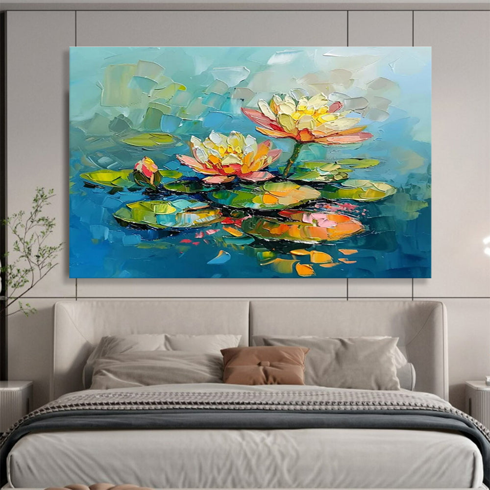 Hand Painting Blue, Pink & Yellow Abstract Water Lily Art HPS205