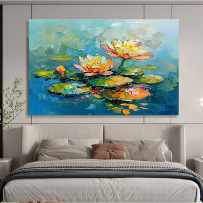 Hand Painting Blue, Pink & Yellow Abstract Water Lily Art HPS205