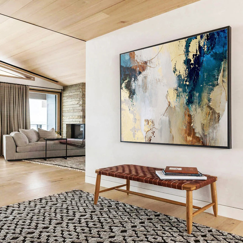 Unique Abstract Art Blue, Gold & Brown Textured Abstract Painting On Canvas HPS113