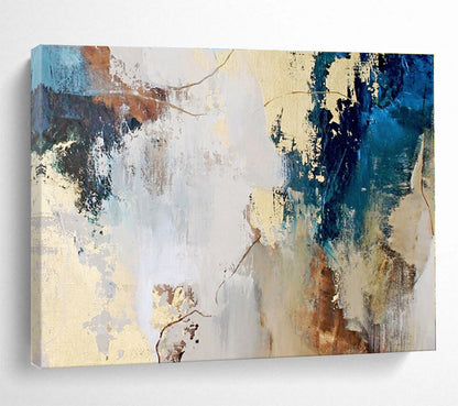 Hand Painted Art Blue, Beige & Gold Textured Abstract On Canvas HPS044