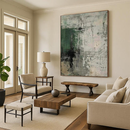 Hand-Painted - Green, Gray & Beige Textured Abstract Art with Dynamic Lines PT598