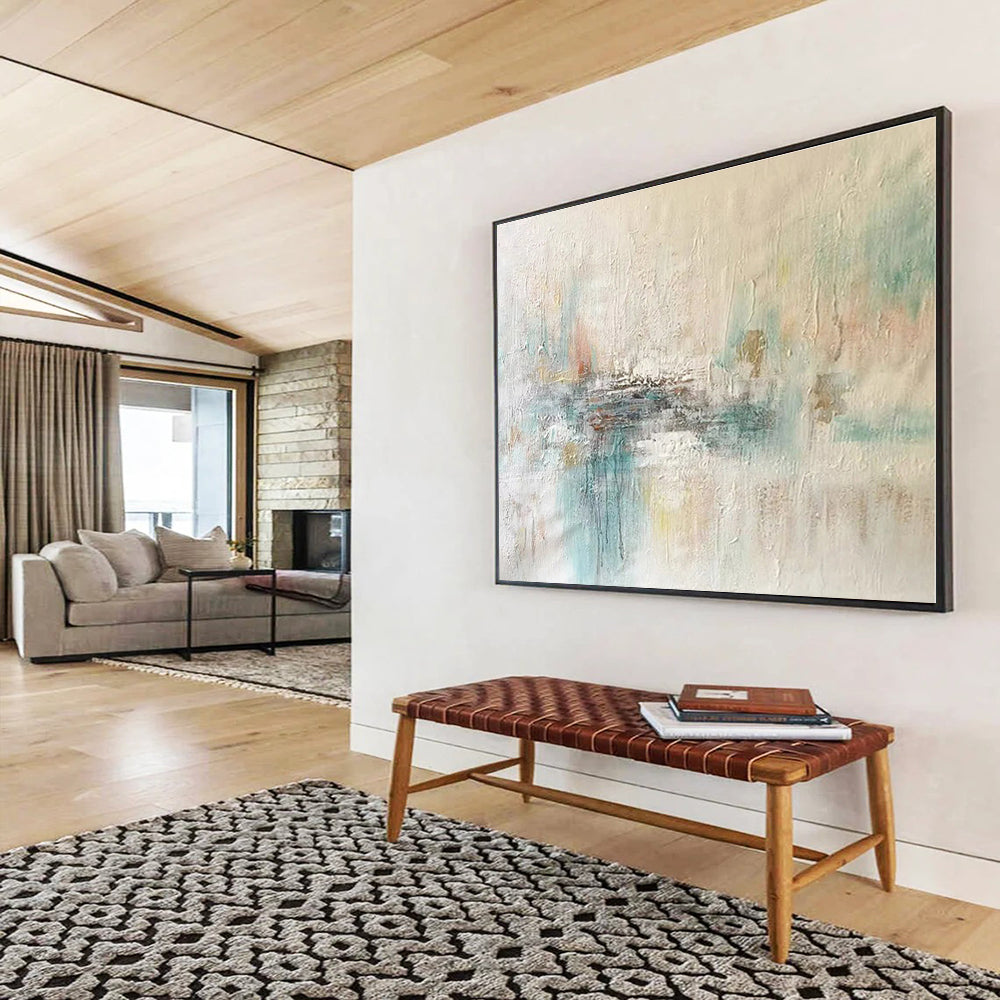 Handmade Art Soft Beige, Teal & White Textured Abstract Painting On Canvas HPS078