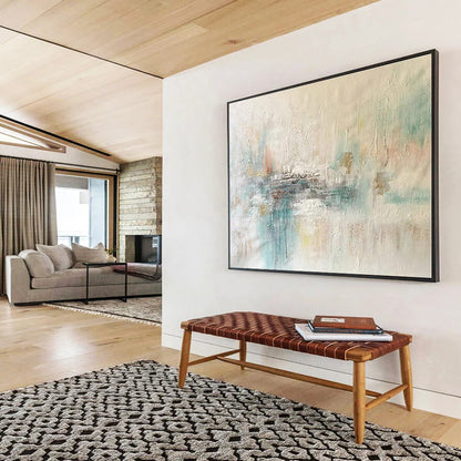 Handmade Art Soft Beige, Teal & White Textured Abstract Painting On Canvas HPS078