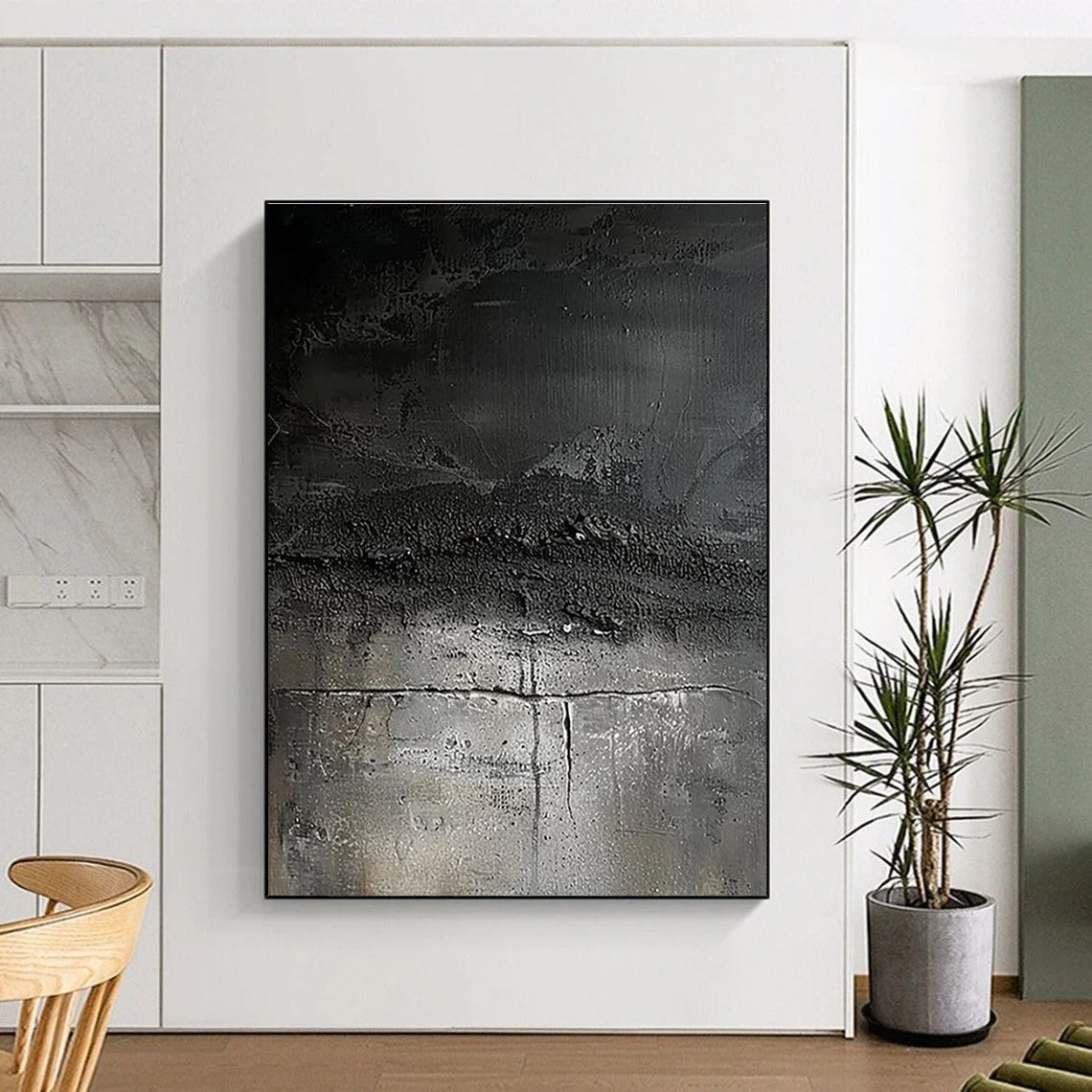 Acrylic Modern Art Paintings - Monochrome Black & Gray Textured Abstract Art PT597