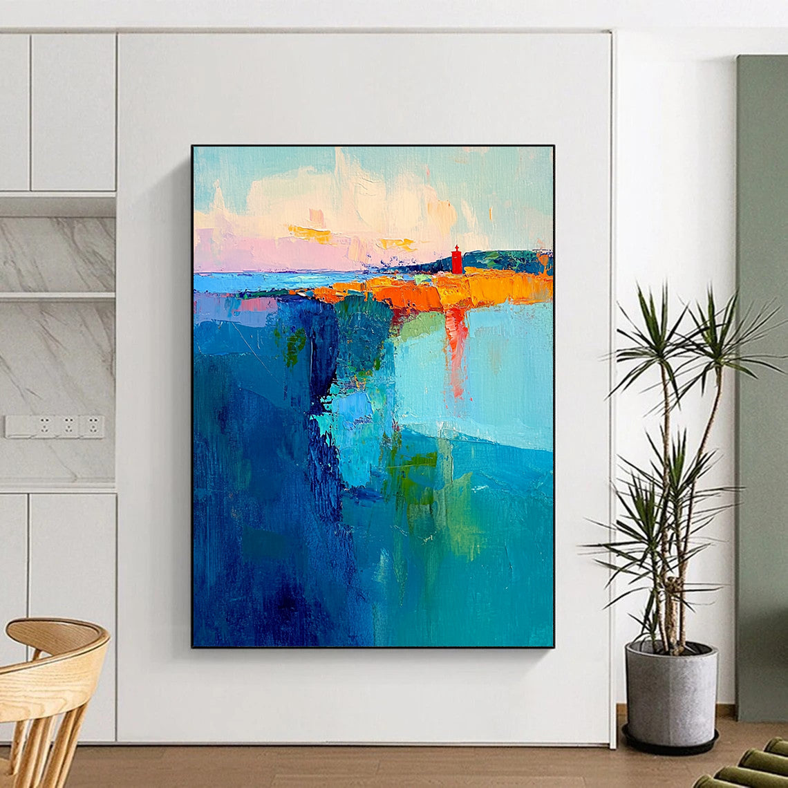 Acrylic Modern Art Paintings Colorful Coastal with Red Lighthouse Abstract Landscape DPS431