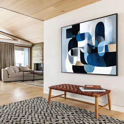 Large Size Blue, Black, White & Beige Geometric Abstract Painting HPS252