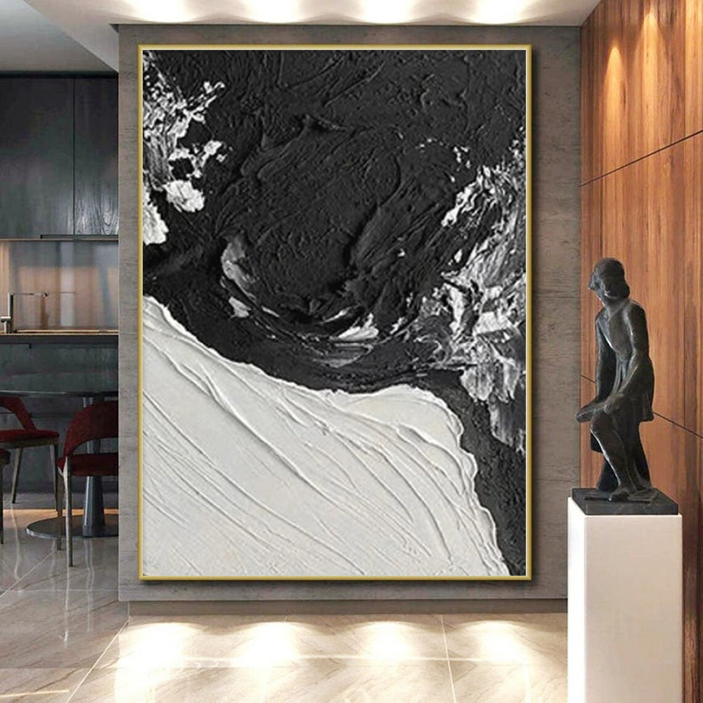 Oversized Abstract Wall Art in Black and White with Textured Brushstrokes PT019