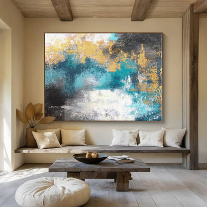 Large Size Teal & Gold Abstract Modern Art Acrylic On Canvas HPS004