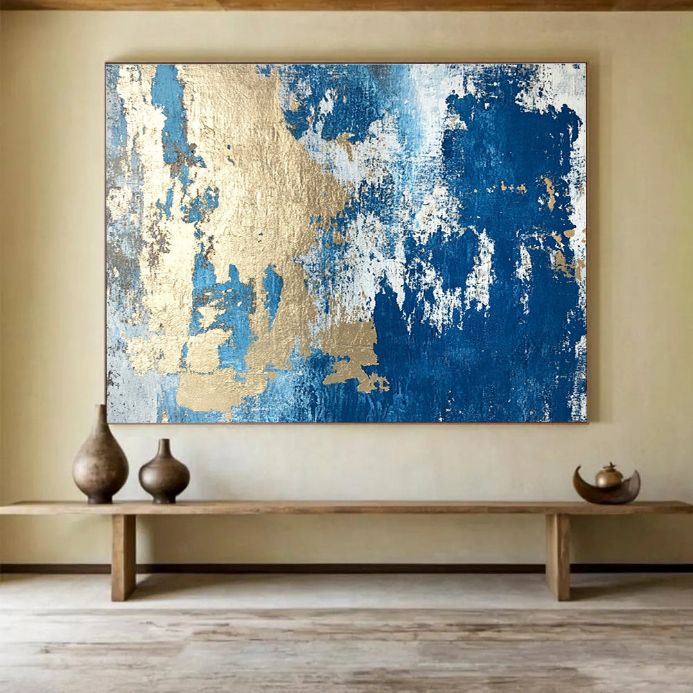 Large Size Blue, Gold & White Textured Abstract Painting HPS262