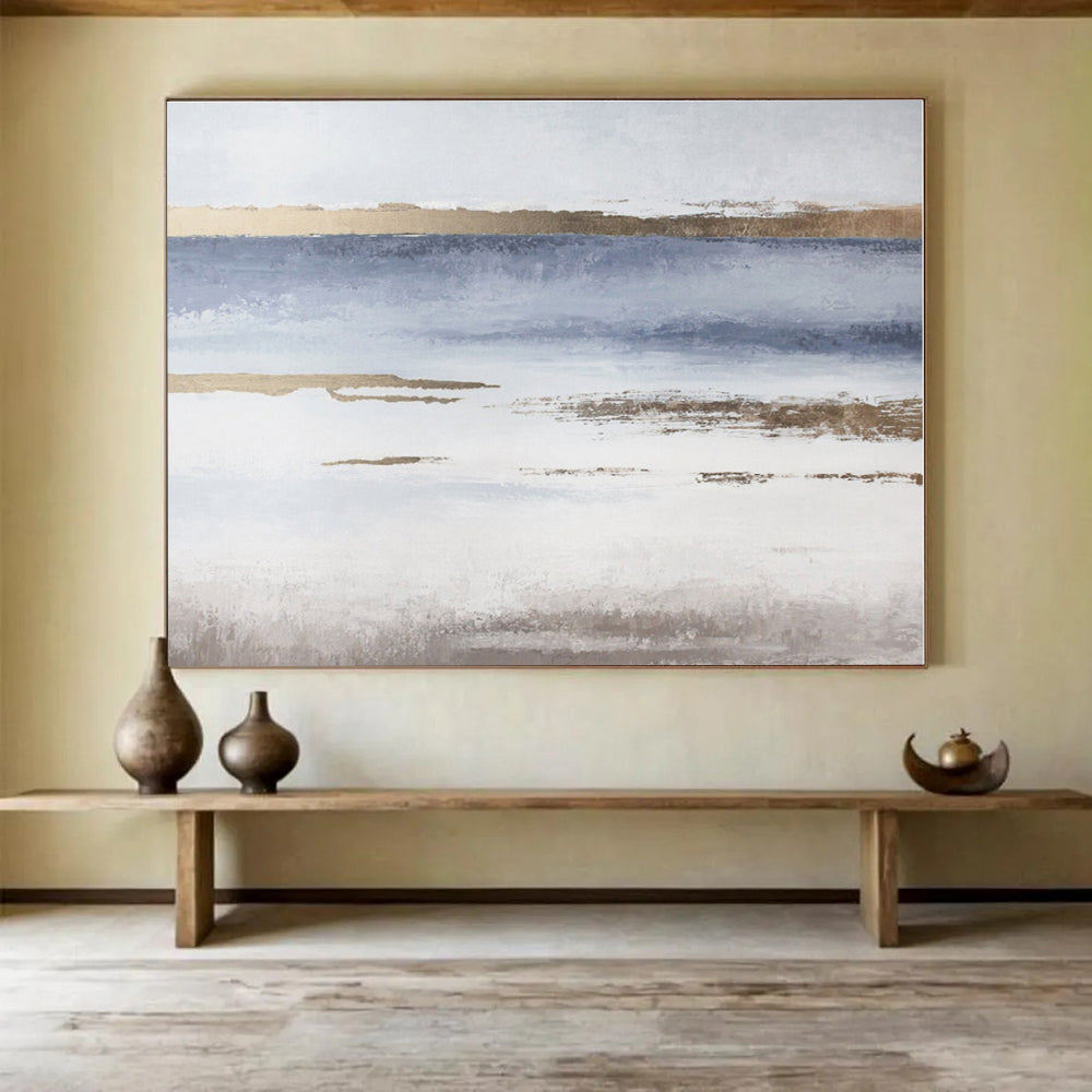 Minimalist Canvas Art Blue, Gold & White Landscape Abstract Painting On Canvas HPS116