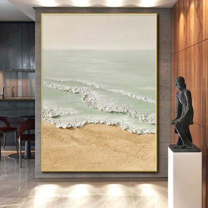 Unique Abstract Art Beige, Green & White Textured Seascape Abstract Painting On Canvas PT075