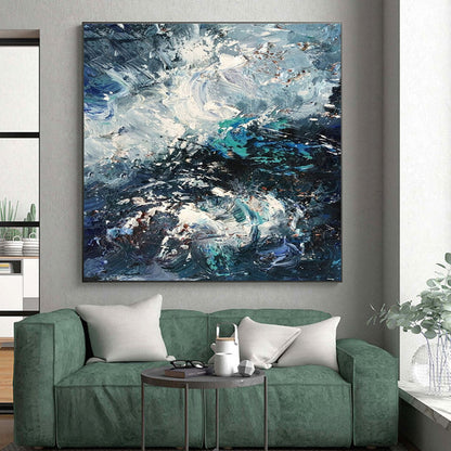 Oversized Abstract Wall Art Blue, White, and Teal Textured Sea Abstract Art PT756