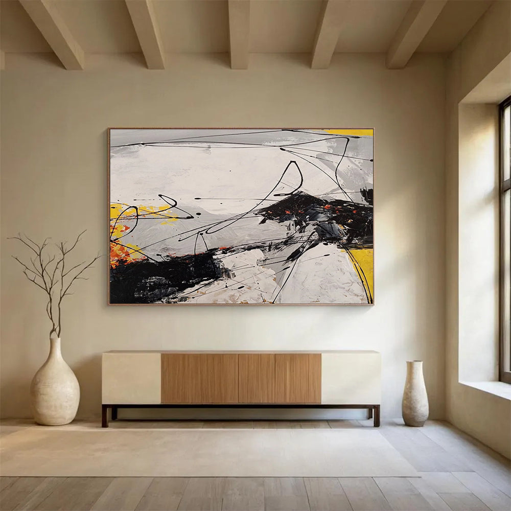 Cool Abstract Paintings Black, White & Yellow Energetic Abstract Art HPS185
