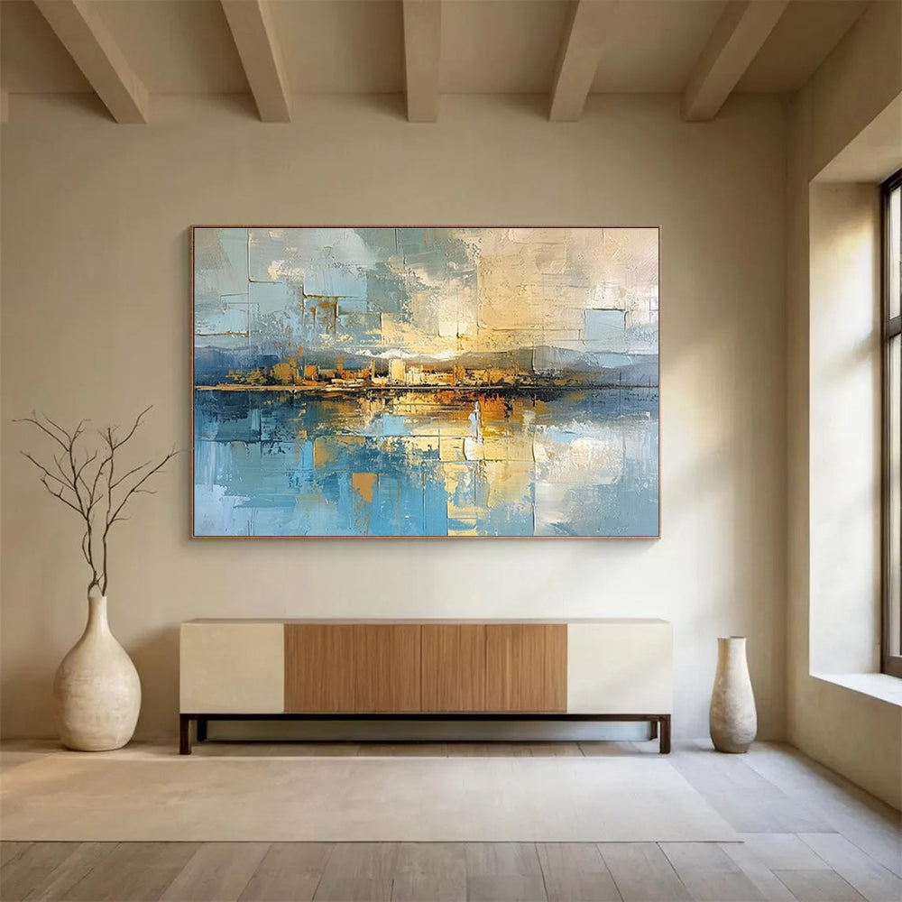 Hand-Painted Blue, Beige, and Gold Abstract City Reflection Art HPS381