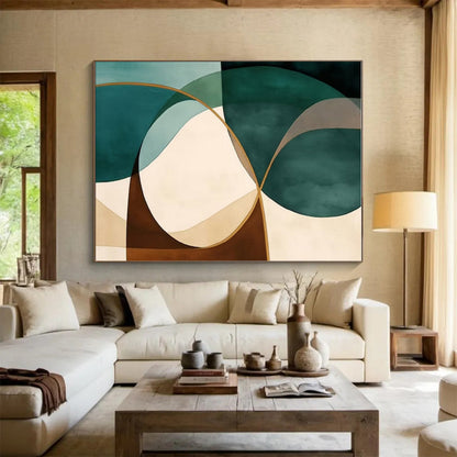 Cool Abstract Paintings Teal, Brown, and Beige Geometric Abstract Art PT736