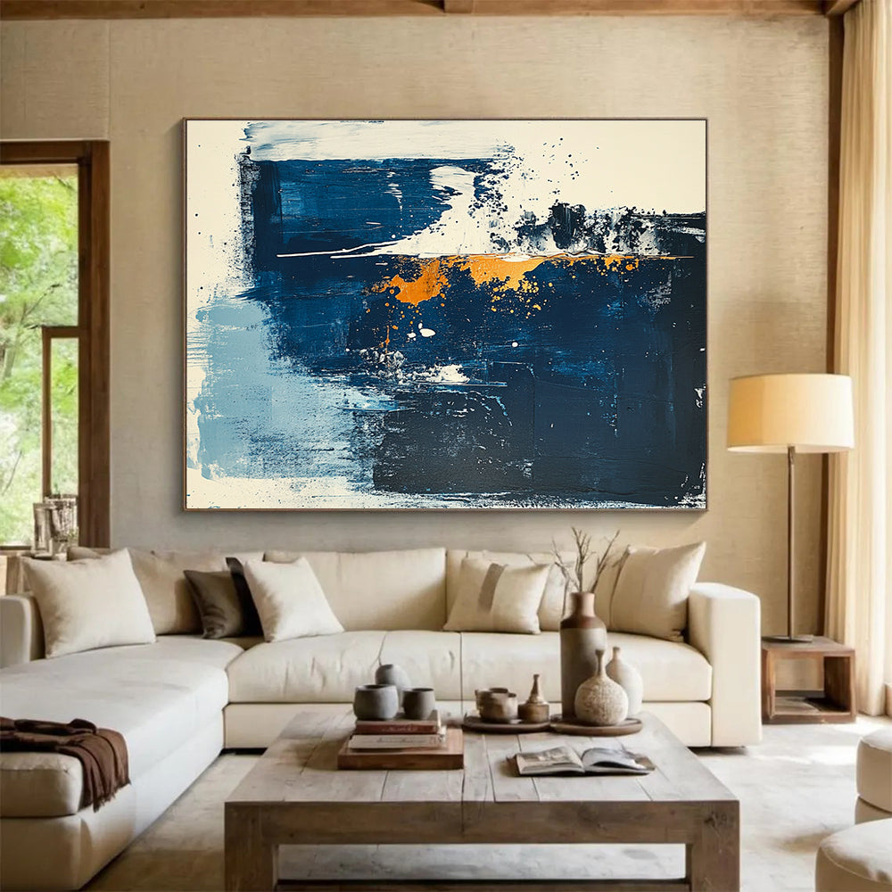 Large Painting In Living Room Blue, Orange, and White Abstract Expressionist Art HPS325