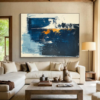 Large Painting In Living Room Blue, Orange, and White Abstract Expressionist Art HPS325