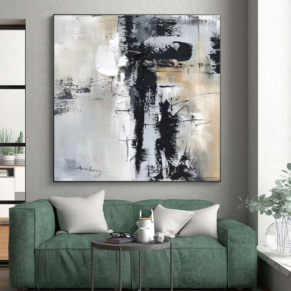 Large Contemporary Wall Art Black White Gray Abstract Textured Acrylic Art PT469