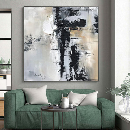 Large Contemporary Wall Art Black White Gray Abstract Textured Acrylic Art PT469