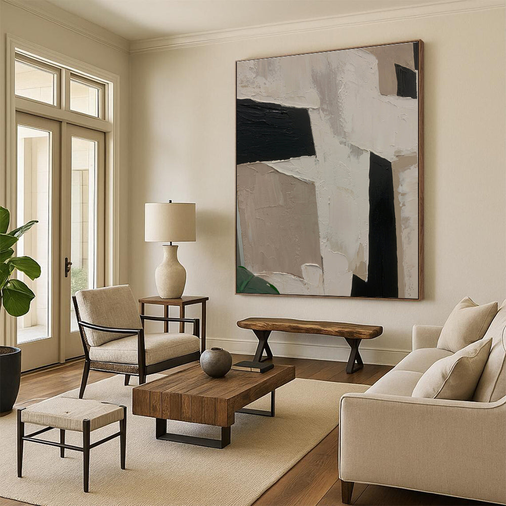 Large Contemporary Wall Art in Black, Beige, and White Geometric Textures, Handmade Art PT306