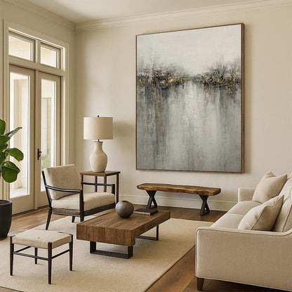 Hand-Painted Gray & Gold Abstract Textured Cityscape, Paintings For House DPS511