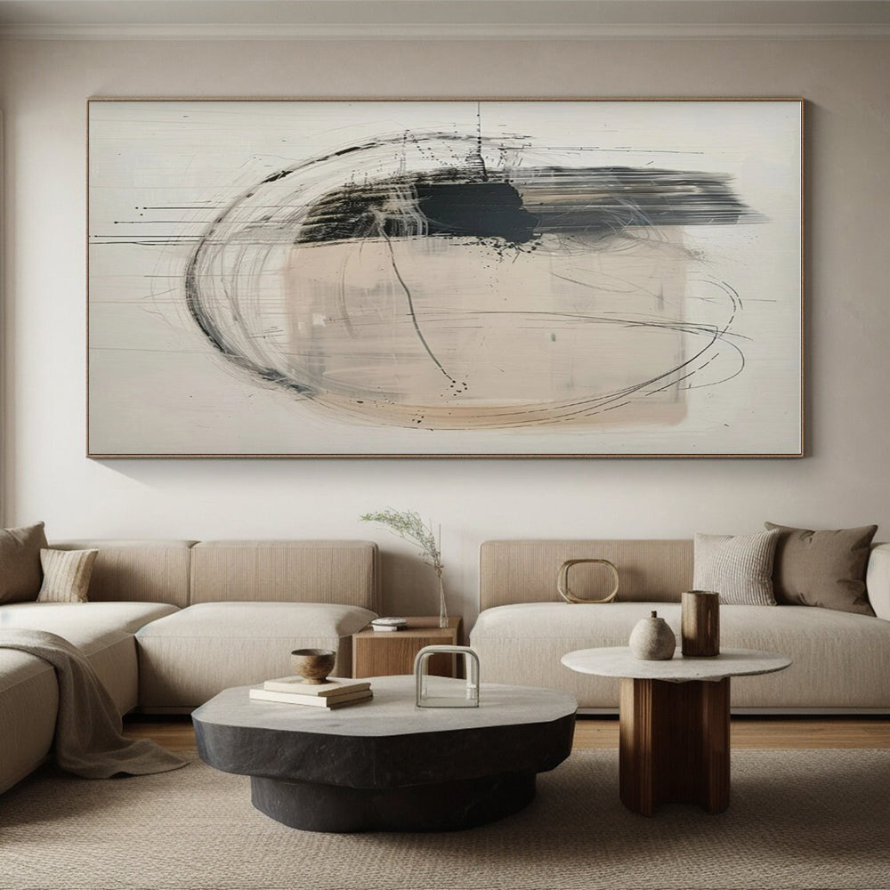 Hand Painting Black and Beige Circular Lines Abstract Acrylic Art PT621
