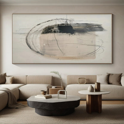 Hand Painting Black and Beige Circular Lines Abstract Acrylic Art PT621