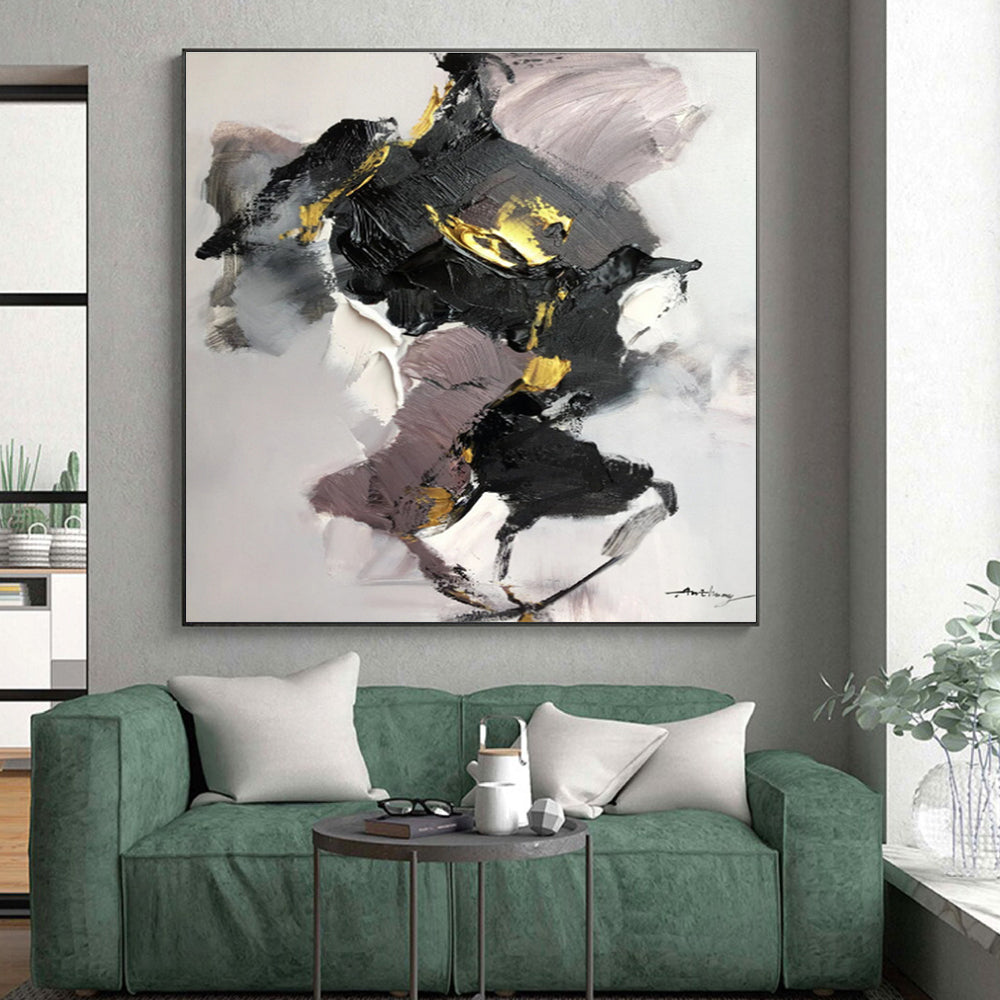 Modern Art Acrylic Black Gold Gray Abstract Textured Art for House PT476