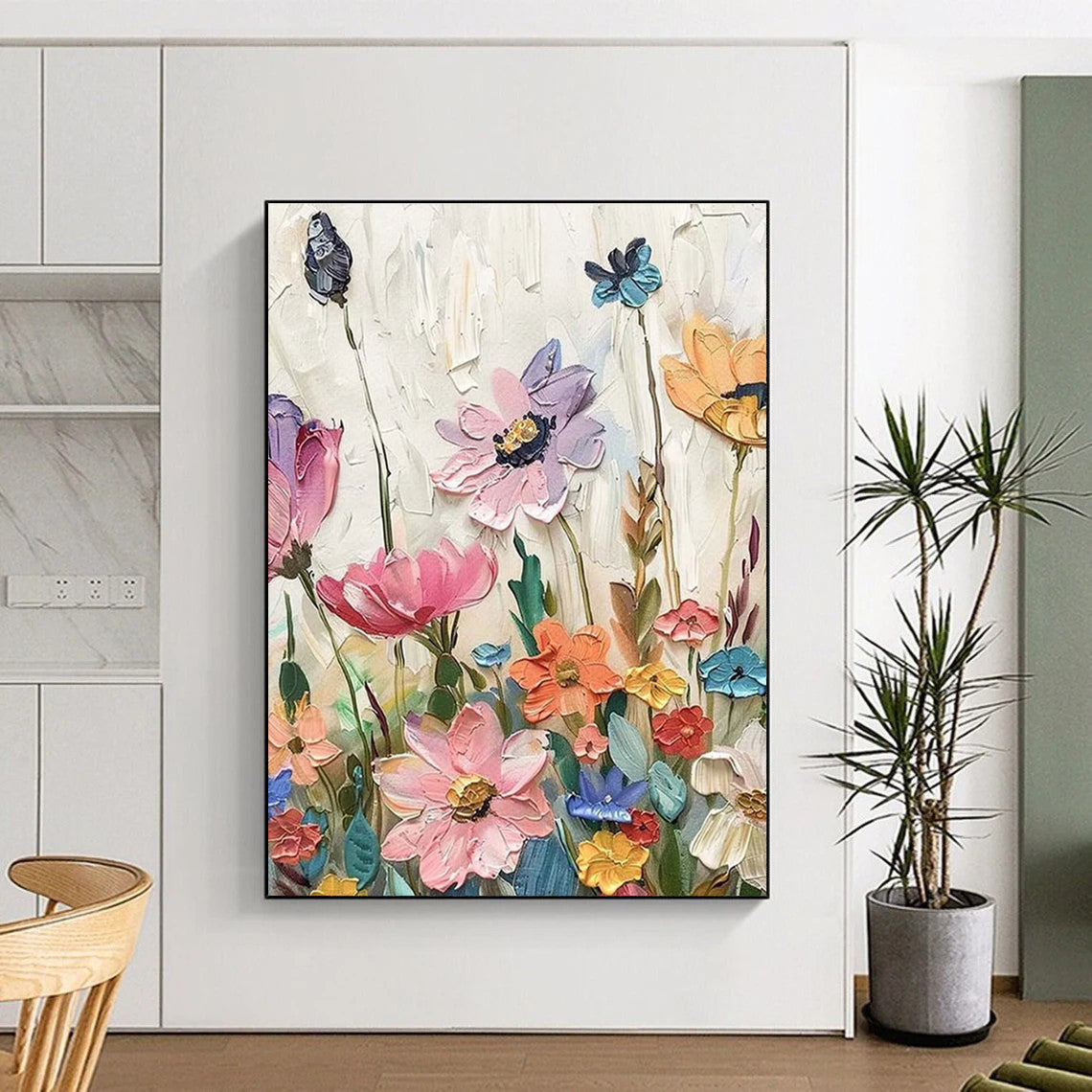 Hand Painted Art Colorful Floral with Bird Abstract Flower Painting DPS446