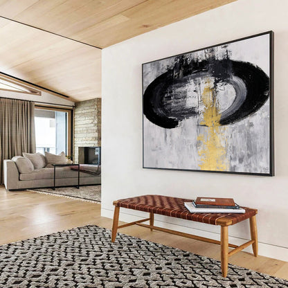 Unique Abstract Art Black, White & Gold Circular Abstract On Canvas HPS013