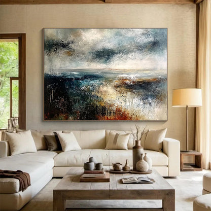 Large Contemporary Wall Art Multicolor (Blue, Gray, Brown, White) Textured Landscape Abstract Painting HPS279