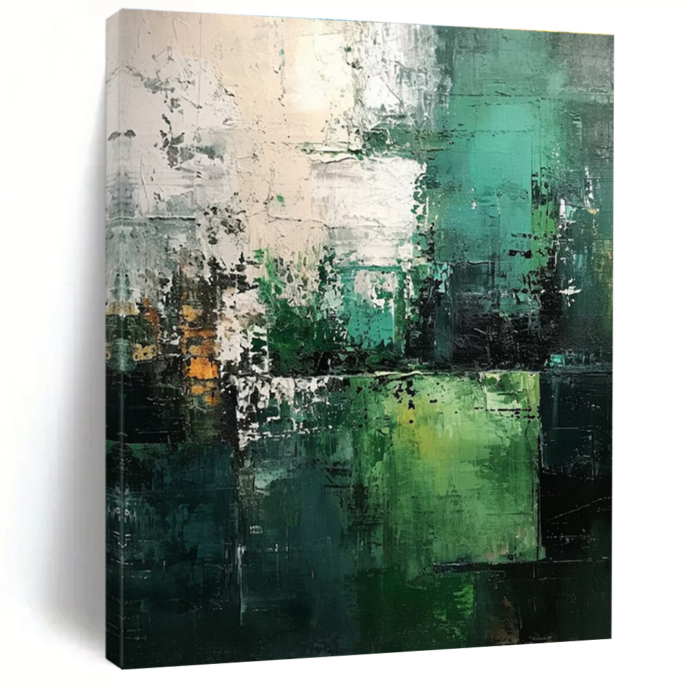 Hand Painting Multilayered Green, Teal, and White Abstract Work, Modern Art Acrylic PT202