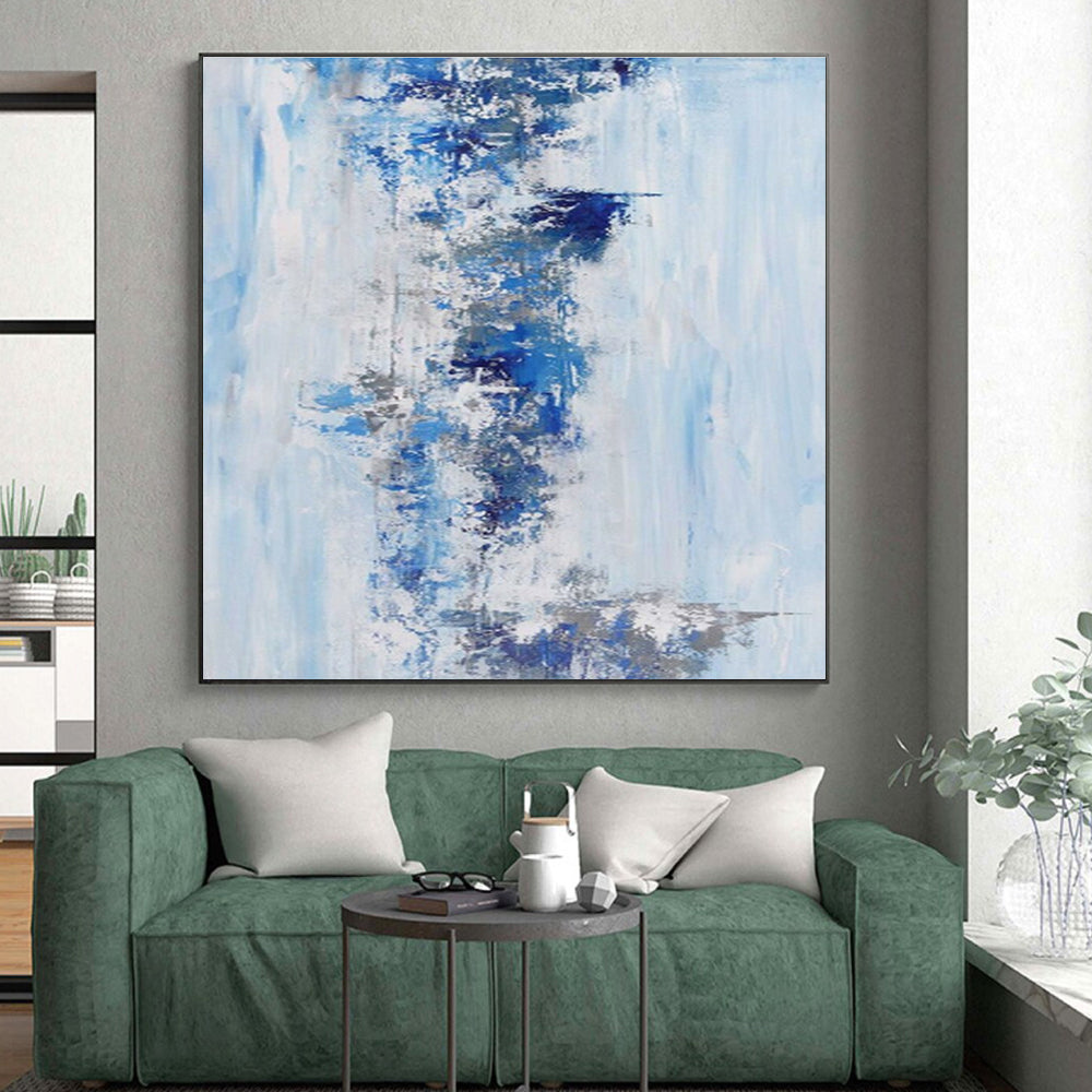Large Size Abstract Art in Shades of Blue and Gray, Hand-Painted Acrylic Modern Art PT294