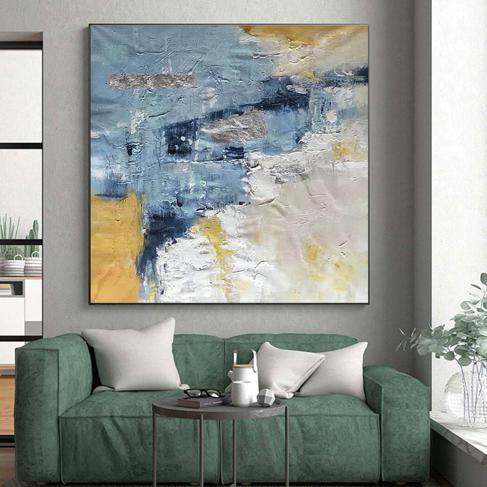 Handmade Art in Blue, Grey, Yellow, and White Abstract Textural Layers PT250
